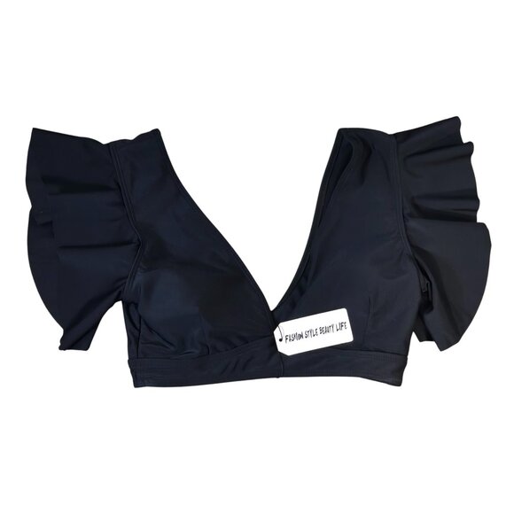 NWT | Black Ruffle Sleeve High Waisted Tummy Control Bikini Swimsuit | Medium - Picture 3 of 7